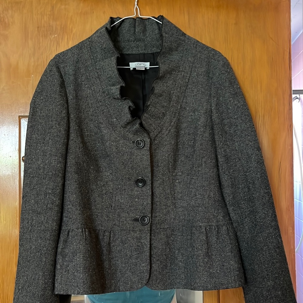 Gray blazer with ruffle detail
